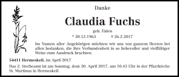 Traueranzeige von Claudia Fuchs von trierischer_volksfreund