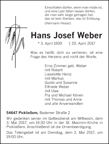 Traueranzeige von Hans Josef Weber von trierischer_volksfreund