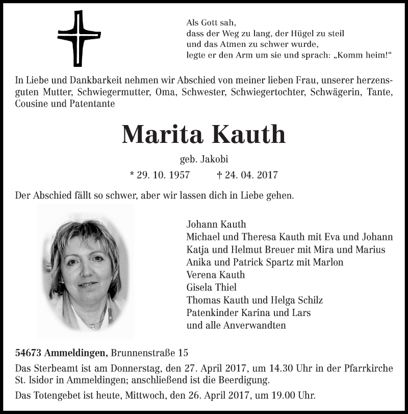  Traueranzeige für Marita Kauth vom 26.04.2017 aus trierischer_volksfreund