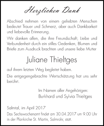 Traueranzeige von Juliane Thieltges von trierischer_volksfreund