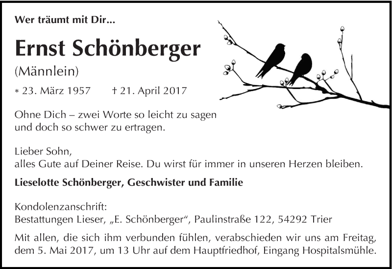  Traueranzeige für Ernst Schönberg vom 29.04.2017 aus trierischer_volksfreund