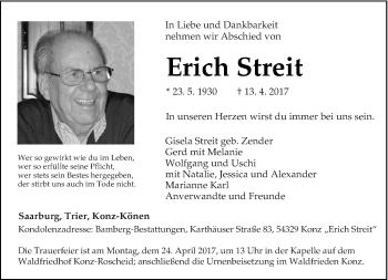 Traueranzeige von Erich Streit von trierischer_volksfreund