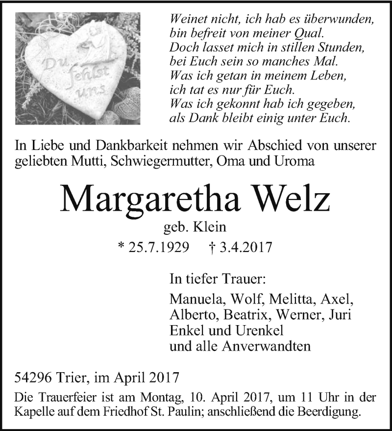  Traueranzeige für Margaretha Welz vom 05.04.2017 aus trierischer_volksfreund