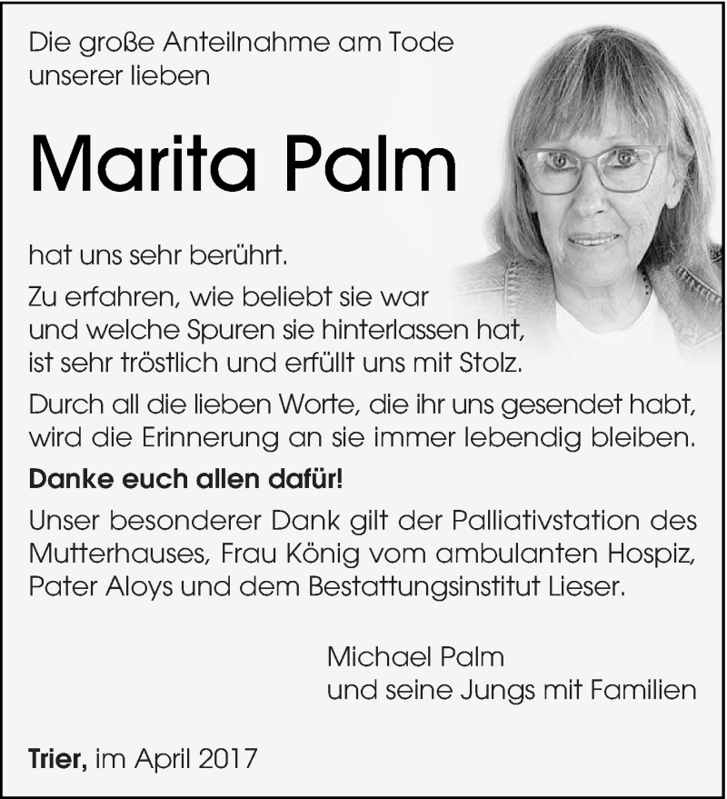  Traueranzeige für Marita Palm vom 08.04.2017 aus trierischer_volksfreund