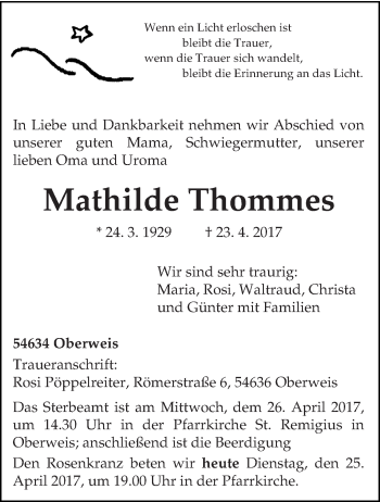 Traueranzeige von Mathilde Thommes von trierischer_volksfreund