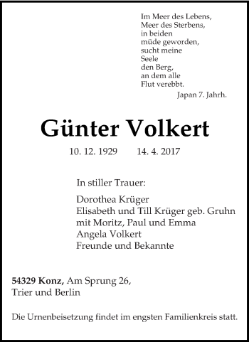 Traueranzeige von Günter Volkert von trierischer_volksfreund