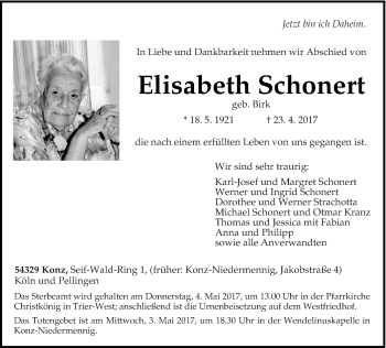 Traueranzeige von Elisabeth Schonert von trierischer_volksfreund