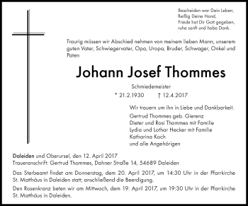 Traueranzeige von Johann Josef Thommes von trierischer_volksfreund