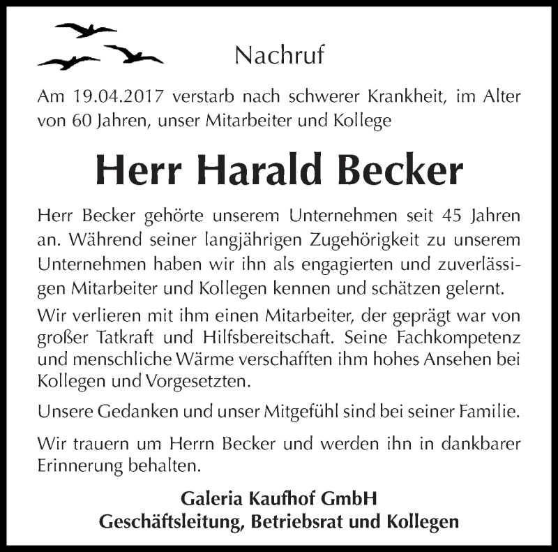  Traueranzeige für Harald Becker vom 22.04.2017 aus trierischer_volksfreund