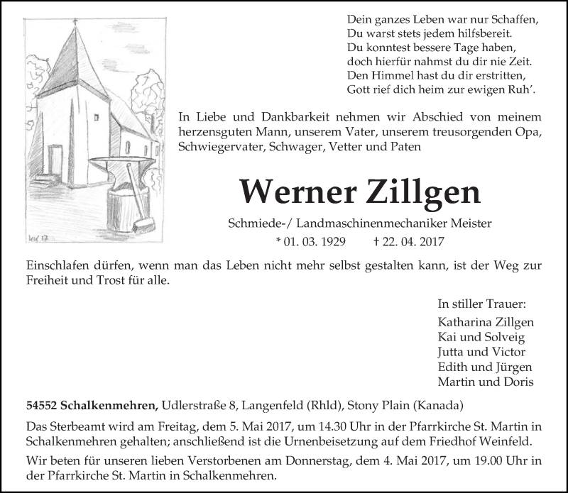  Traueranzeige für Werner Zillgen vom 29.04.2017 aus trierischer_volksfreund