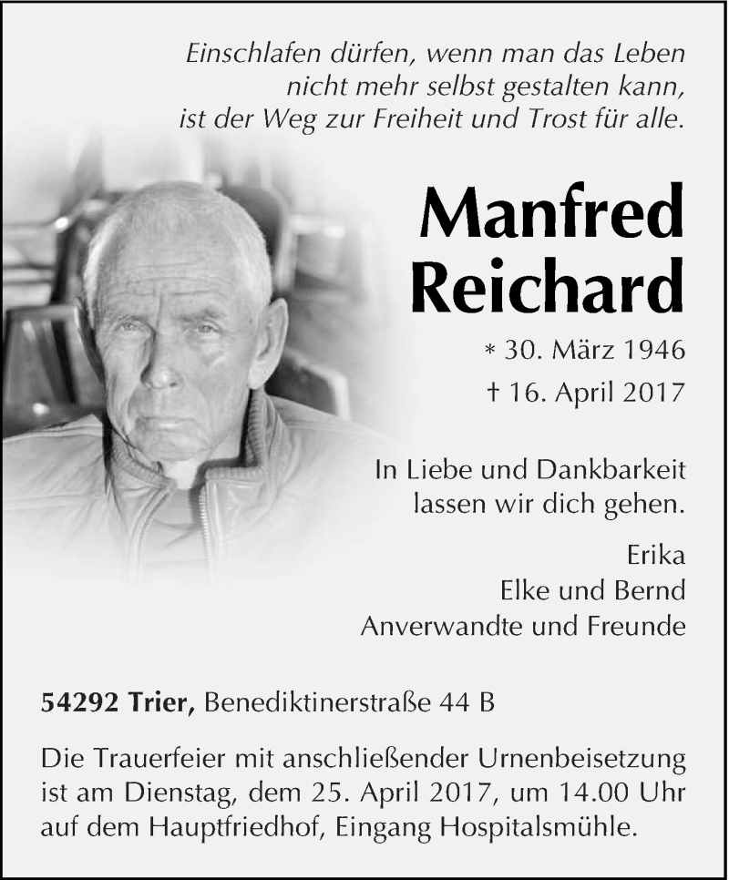  Traueranzeige für Manfred Reichard vom 20.04.2017 aus trierischer_volksfreund