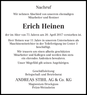 Traueranzeige von Erich Hein von trierischer_volksfreund