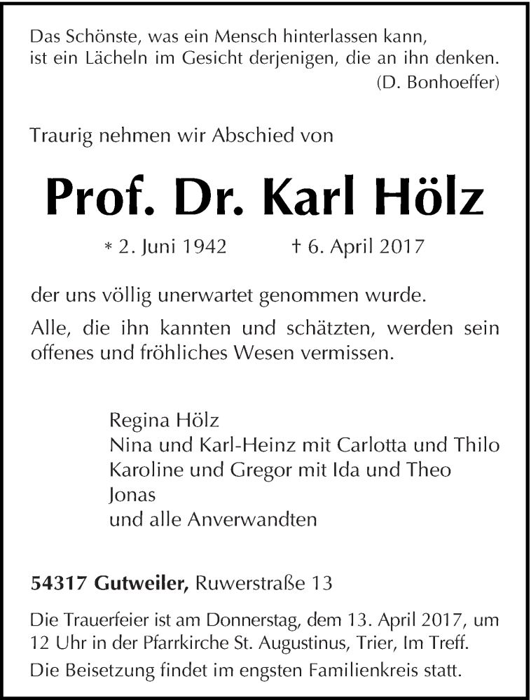  Traueranzeige für Karl Hölz vom 11.04.2017 aus trierischer_volksfreund