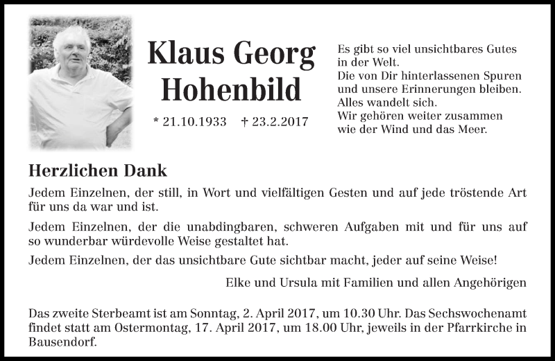  Traueranzeige für Klaus Georg Hohenbild vom 01.04.2017 aus trierischer_volksfreund