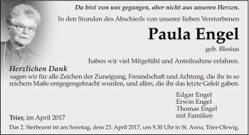 Traueranzeige von Paula Engel von trierischer_volksfreund