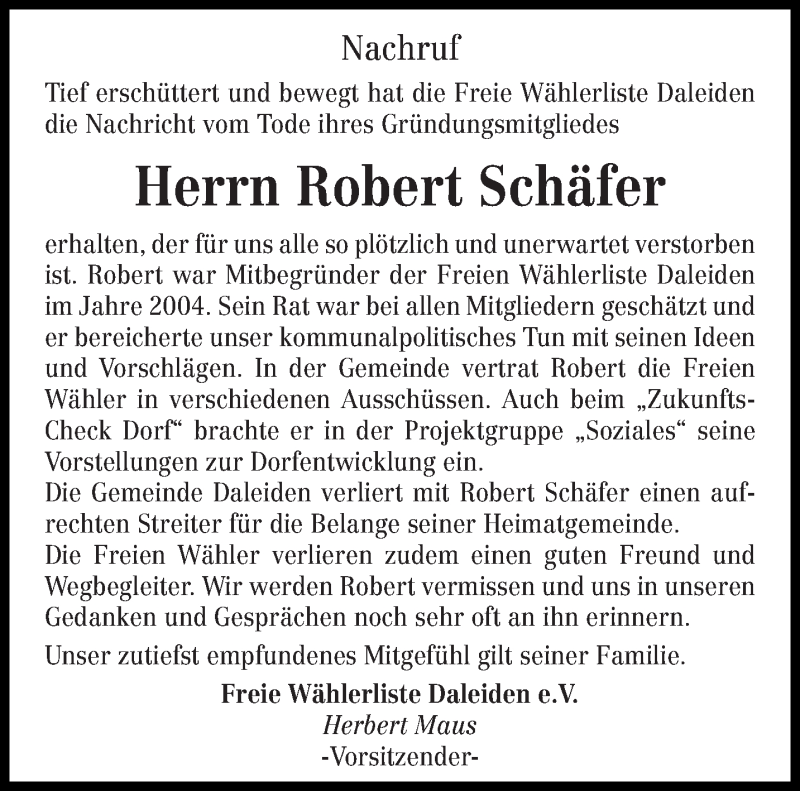  Traueranzeige für Robert Schäfer vom 31.03.2017 aus trierischer_volksfreund