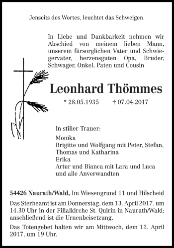 Traueranzeige von Leonhard Thömmes von trierischer_volksfreund
