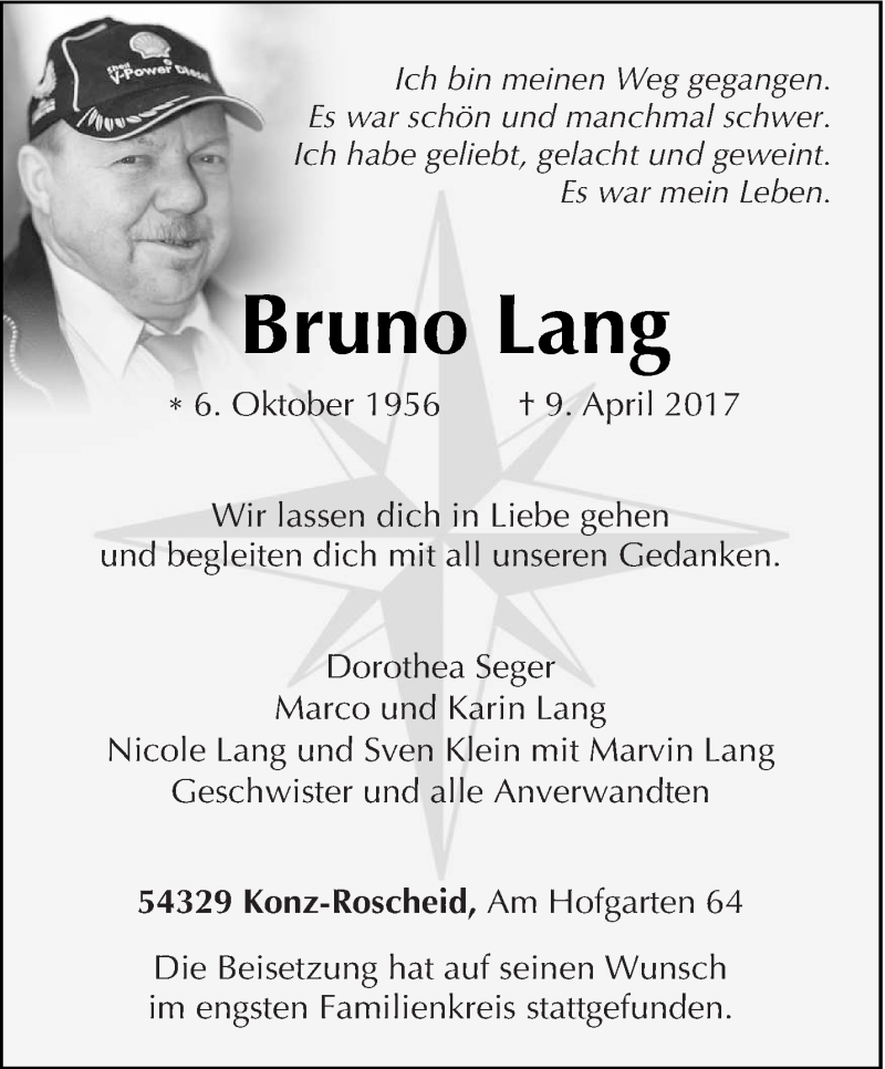  Traueranzeige für Bruno Lang vom 15.04.2017 aus trierischer_volksfreund