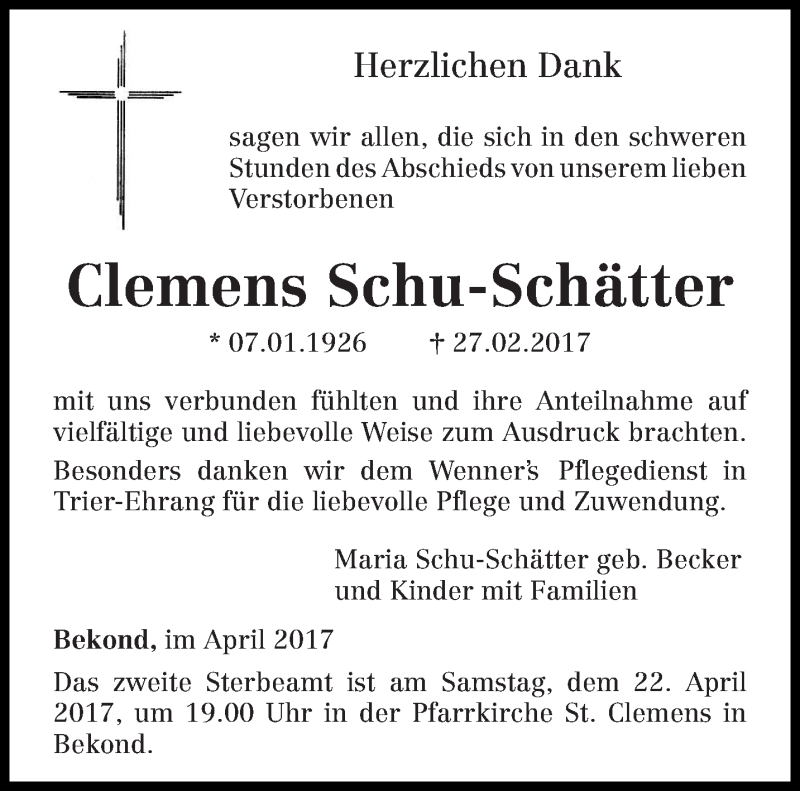  Traueranzeige für Clemens Schu-Schätter vom 19.04.2017 aus trierischer_volksfreund