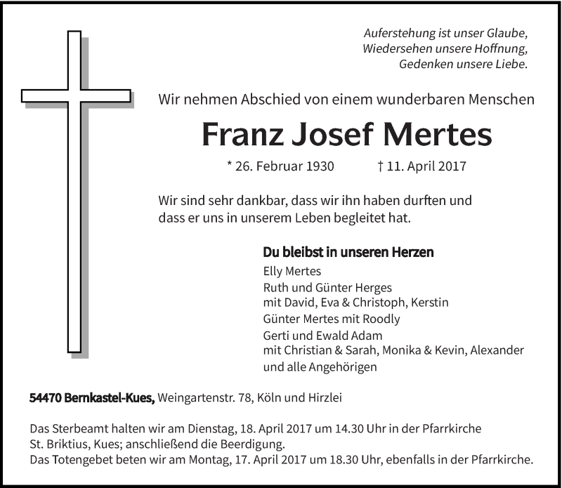  Traueranzeige für Franz Josef Mertes vom 13.04.2017 aus trierischer_volksfreund