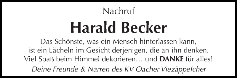  Traueranzeige für Harald Becker vom 22.04.2017 aus trierischer_volksfreund