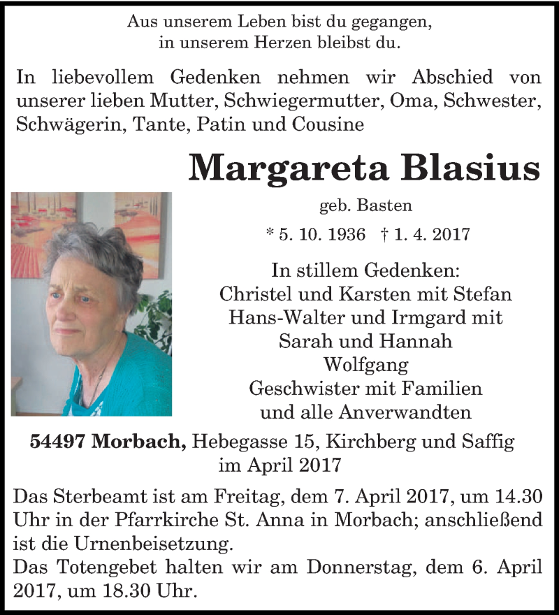  Traueranzeige für Margareta Blasius vom 04.04.2017 aus trierischer_volksfreund
