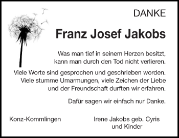 Traueranzeige von Franz Josef Jakobs von trierischer_volksfreund