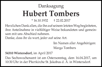 Traueranzeige von Hubert Tombers von trierischer_volksfreund