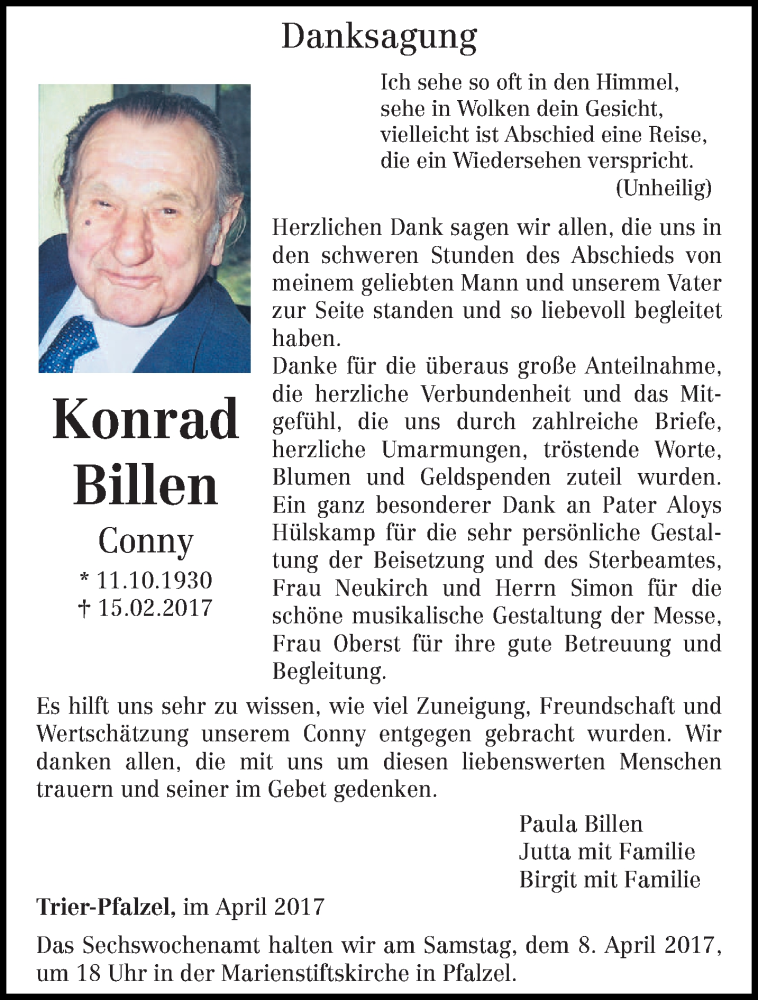  Traueranzeige für Konrad Billen vom 05.04.2017 aus trierischer_volksfreund