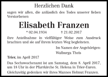 Traueranzeige von Elisabeth Franzen von trierischer_volksfreund