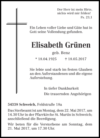 Traueranzeige von Elisabeth Grünen von trierischer_volksfreund