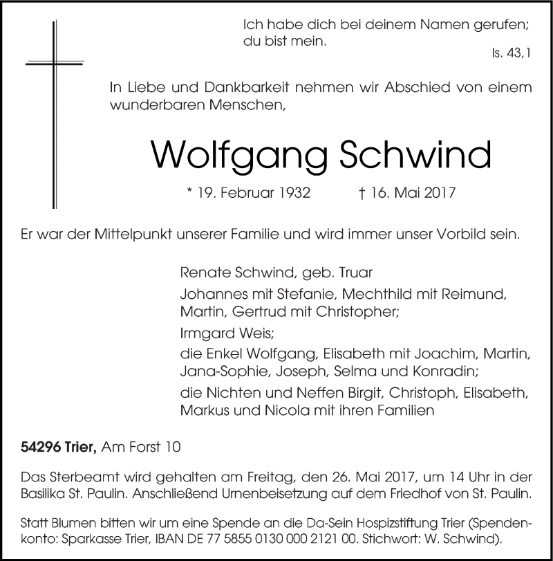 Traueranzeige für Wolfgang Schwind vom 20.05.2017 aus trierischer_volksfreund
