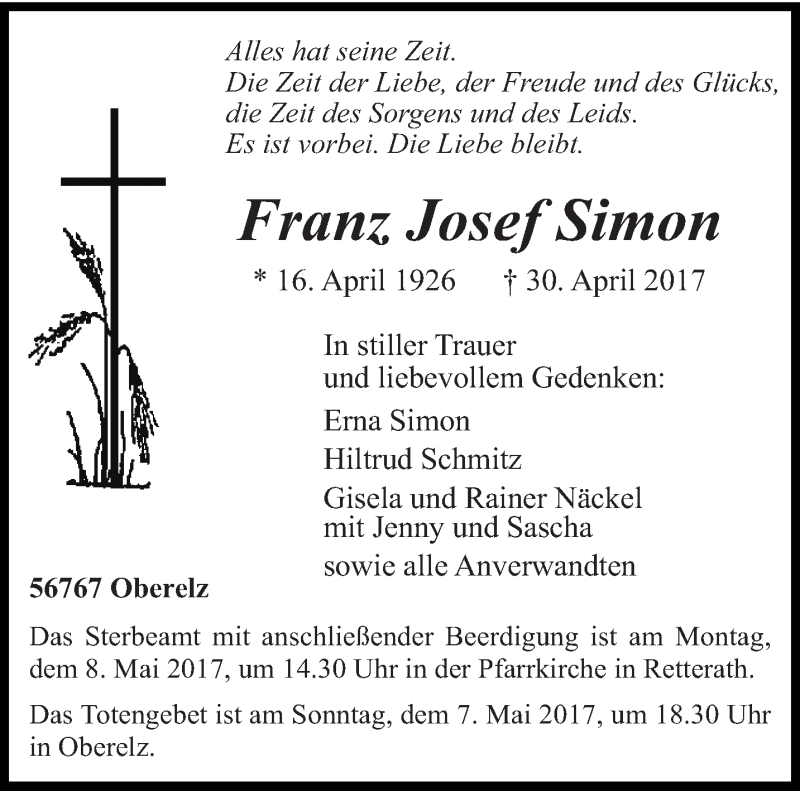  Traueranzeige für Franz Josef Simon vom 05.05.2017 aus trierischer_volksfreund