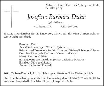 Traueranzeige von Josefine Barbara Dühr von trierischer_volksfreund