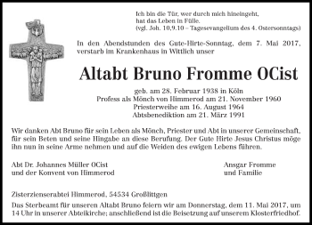 Traueranzeige von Bruno Fromme  von trierischer_volksfreund