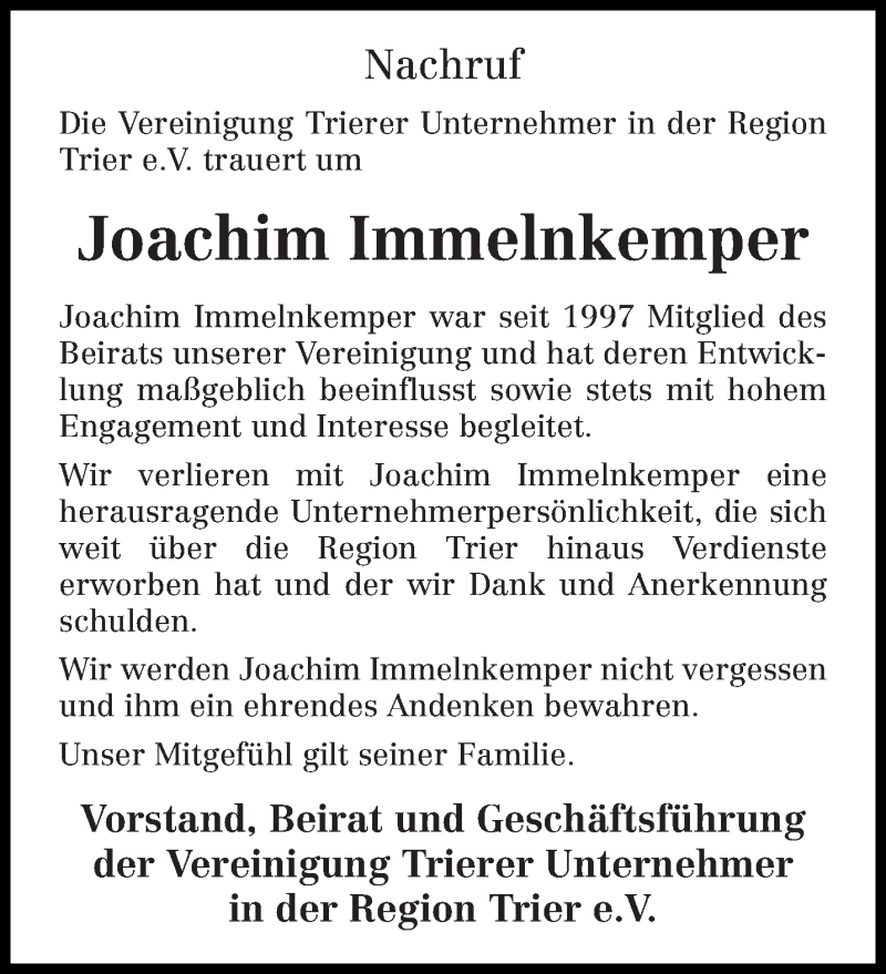  Traueranzeige für Joachim Immelnkemper vom 18.05.2017 aus trierischer_volksfreund
