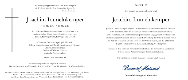  Traueranzeige für Joachim Immelnkemper vom 18.05.2017 aus trierischer_volksfreund