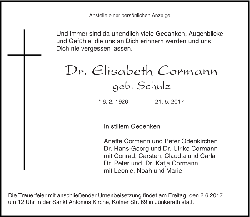  Traueranzeige für Elisabeth Cormann vom 27.05.2017 aus trierischer_volksfreund