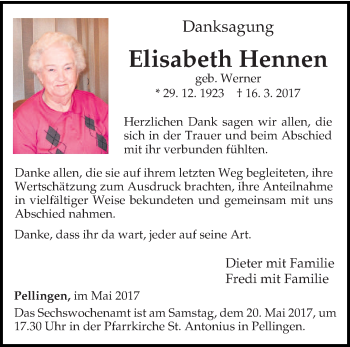 Traueranzeige von Elisabeth Hennen von trierischer_volksfreund