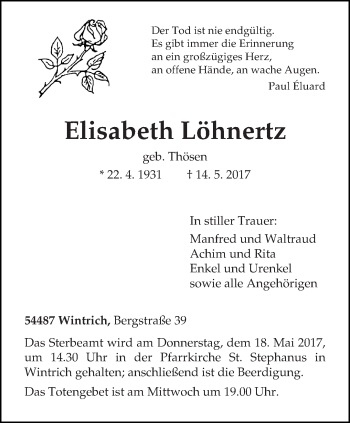 Traueranzeige von Elisabeth Löhnertz von trierischer_volksfreund