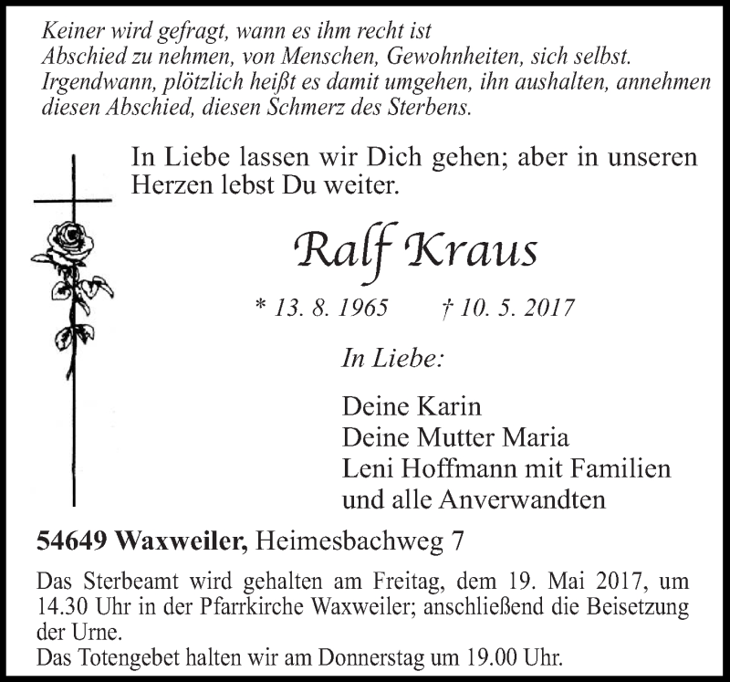  Traueranzeige für Ralf Kraus vom 16.05.2017 aus trierischer_volksfreund