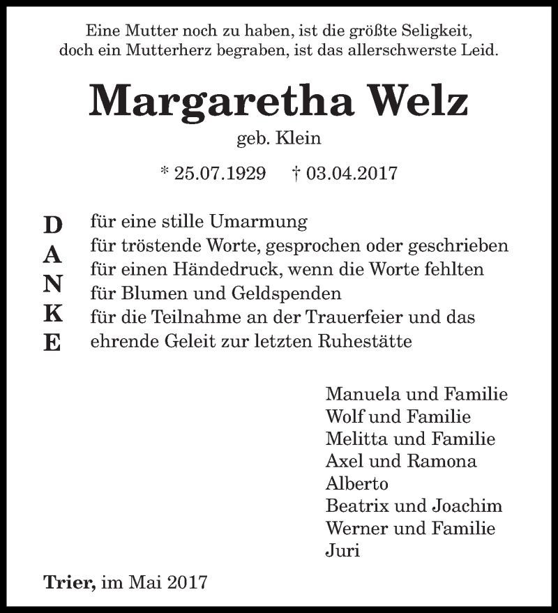  Traueranzeige für Margaretha Welz vom 10.05.2017 aus trierischer_volksfreund
