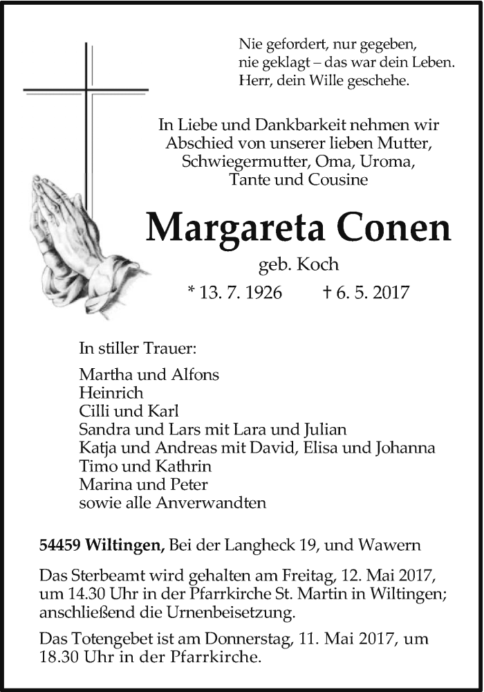  Traueranzeige für Margareta Conen vom 10.05.2017 aus trierischer_volksfreund