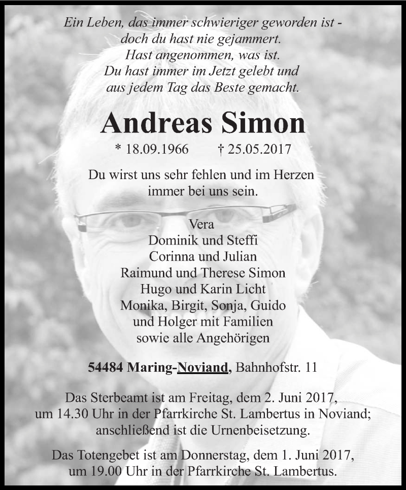  Traueranzeige für Andreas Simon vom 29.05.2017 aus trierischer_volksfreund