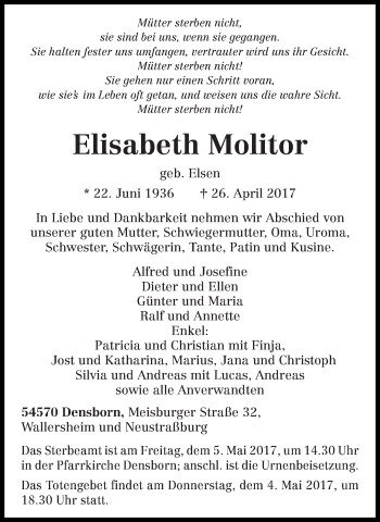 Traueranzeige von Elisabeth Molitor von trierischer_volksfreund
