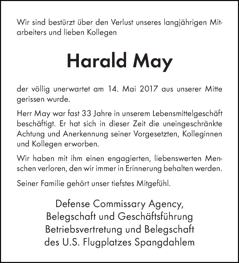  Traueranzeige für Harald May vom 17.05.2017 aus trierischer_volksfreund