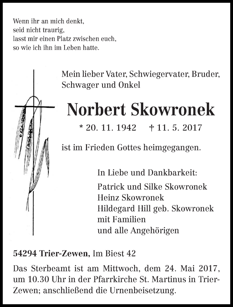  Traueranzeige für Norbert Skowronek vom 17.05.2017 aus trierischer_volksfreund