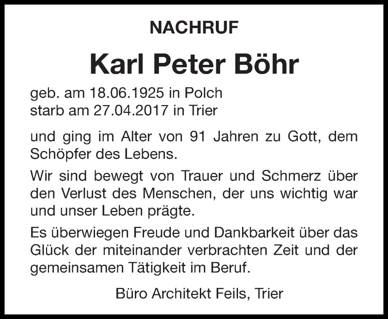  Traueranzeige für Karl Peter Böhr vom 13.05.2017 aus trierischer_volksfreund