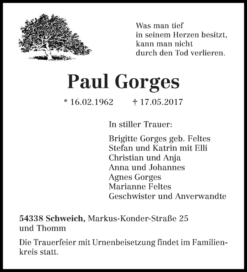  Traueranzeige für Paul Gorges vom 25.05.2017 aus trierischer_volksfreund