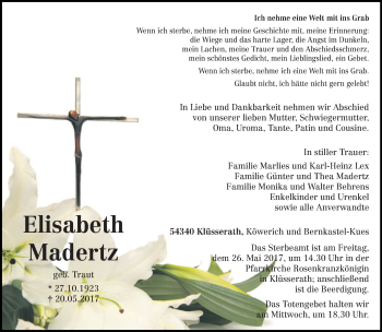 Traueranzeige von Elisabeth Madertz von trierischer_volksfreund